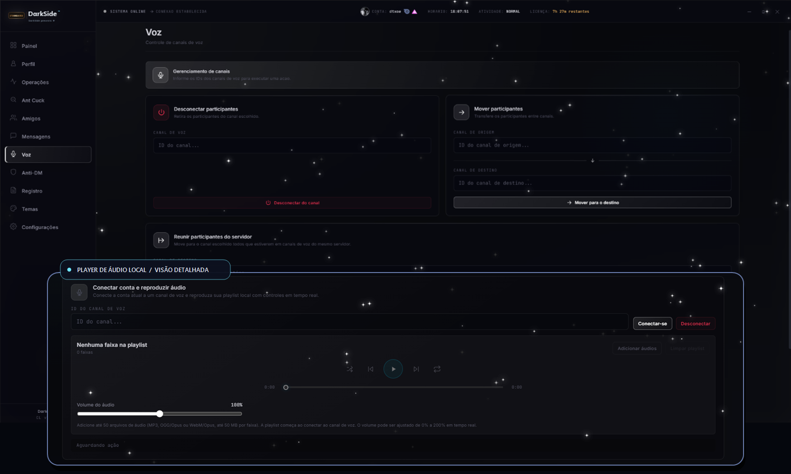 Tela de voz da DarkSide™ Tools com o player de reprodução de áudio local destacado em uma ampliação.